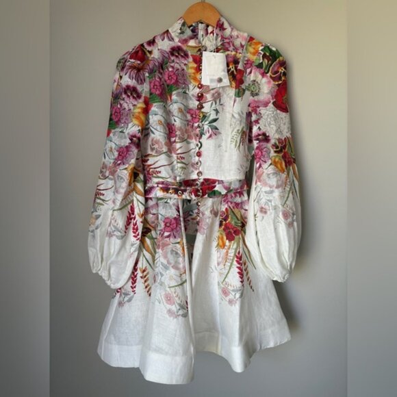 Zimmermann Wonderland Buttoned Mini Dress Floral Red Pink | sz 0 US 2 UK6 - Picture 5 of 10